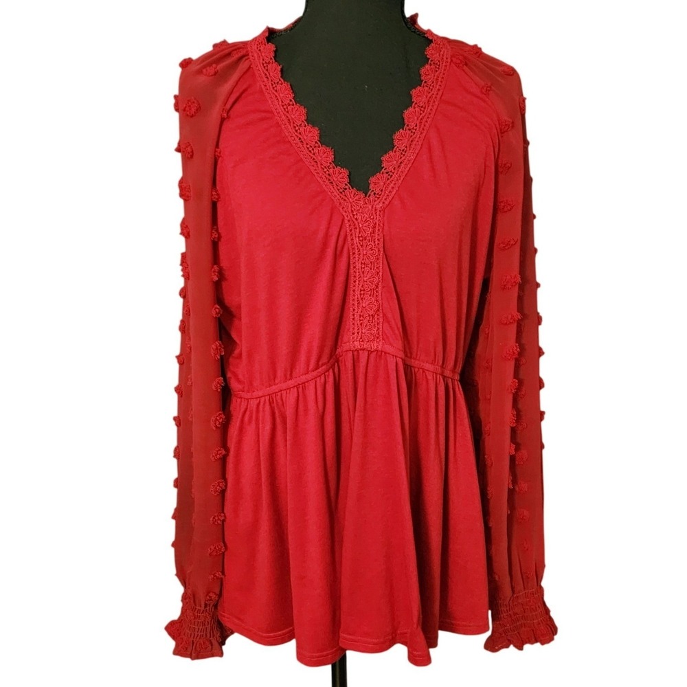 Missky Womens Raglan Red Lace Trim Swiss Dot Boho Sheer Sleeve Peplum Blouse XL